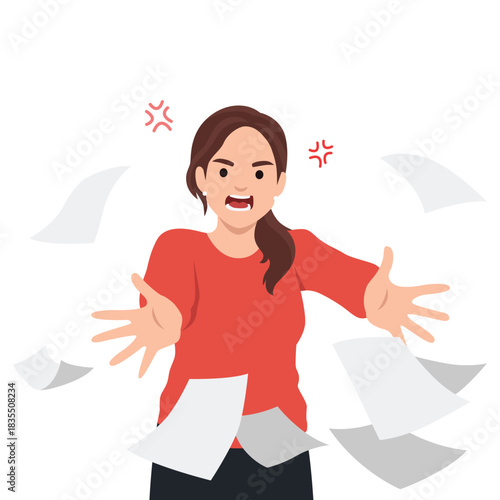 Angry woman throwing papers in frustration. Flat vector illustration isolated on white background