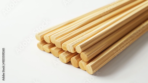 Wooden chopsticks stacked neatly on white surface.