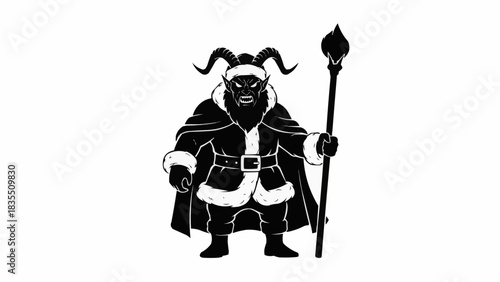 Krampus in Santa suit holding staff, perfect for holiday projects needing a dark and edgy twist