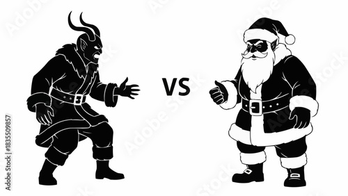 Dramatic black and white face off between menacing Krampus and jolly Santa Claus figures
