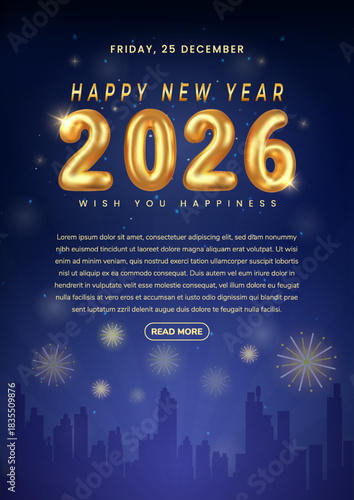 Happy New Year 2026 Celebration With Golden Numerals And Fireworks Over City Skyline