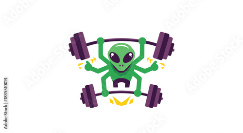 Green alien lifting barbell with four arms and thumbs up