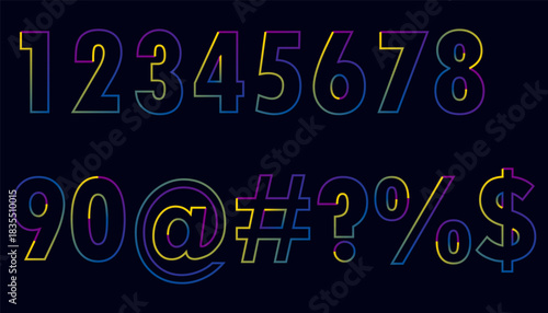 Vibrant Neon Numbers and Symbols Outline on Dark Background Design