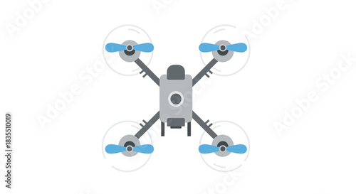 Overhead view of a gray drone with blue propellers