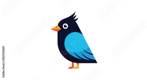 Cartoon bird with black head, blue body, orange beak and feet