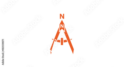 Abstract compass tool with "N" letters, in orange, against white background