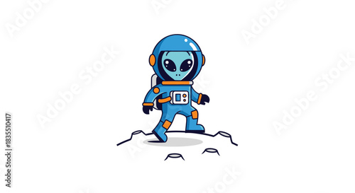 An alien in a blue spacesuit stands on a white surface with small holes
