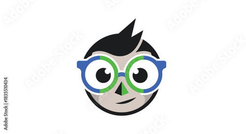 Cartoon face with round blue and green glasses