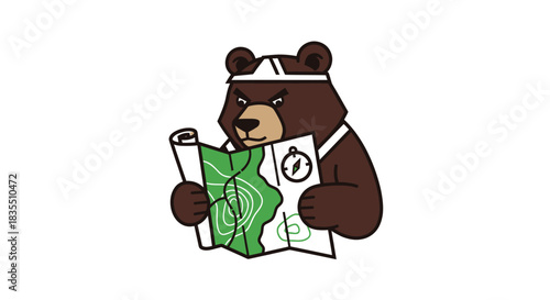 Determined bear, wearing a sweatband, reads a green map with compass
