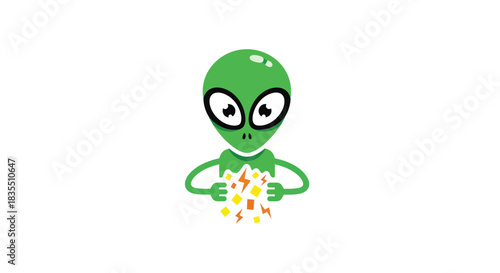 Cartoon green alien with big eyes manipulating energy