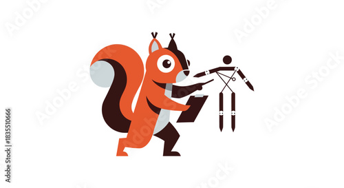 Squirrel points at a manikin