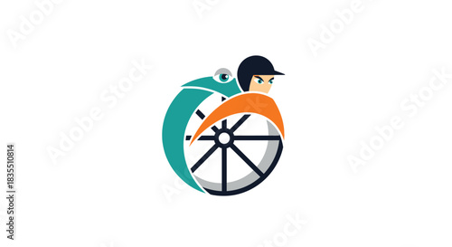 Stylized vector shows a person with teal/orange arch, emerging from wheel