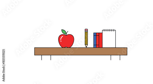 School desk graphic with red apple, pencil, books, and notepad