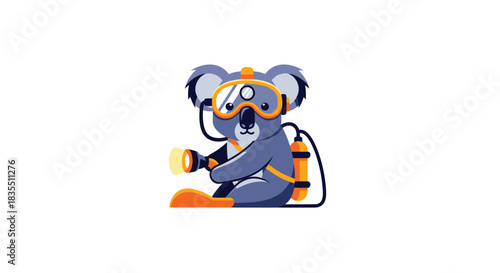 Cartoon koala scuba diver with goggles & tank, holding a flashlight