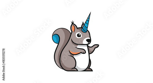 Cartoon squirrel with blue unicorn horn