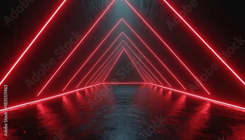 Fototapeta Naklejka Na Ścianę i Meble -  Abstract tunnel with bright red neon triangles receding into darkness. Wet floor reflects glowing lines. Futuristic corridor, sci fi portal background. Endless space, digital art.