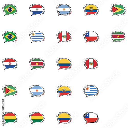 South American Countries Flags in Speech Bubbles Communication Concept