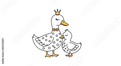 Charming illustration of a mother duck wearing a crown and polka dots standing next to her baby duck also with polka dots.