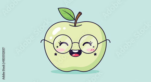Cute cartoon green apple wearing glasses and smiling happily with rosy cheeks.