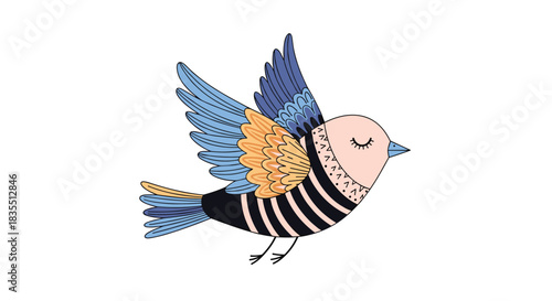 A charming stylized folk art bird in flight with patterned feathers and a serene expression, illustrated on a white background.