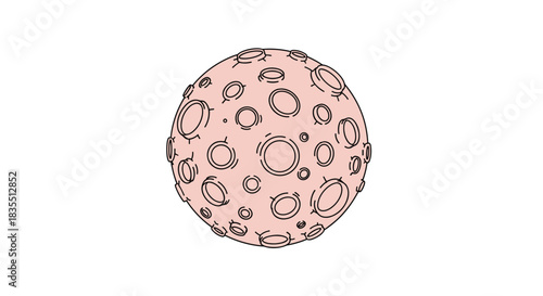 Cartoon illustration of a celestial body, possibly a moon or planet, with a rough, cratered surface and a light pink color.