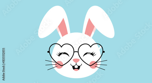 Cute cartoon white bunny wearing heart shaped glasses and blushing on a light blue background.