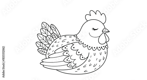 Cute black and white illustration of a hen with closed eyes and a friendly smile.
