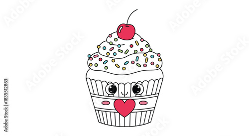 Adorable cupcake illustration with a cherry on top and a cute heart on the wrapper, perfect for Valentine's Day or a sweet treat themed design.
