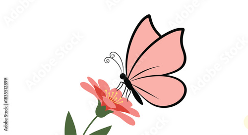 A delicate pink butterfly with elegant antennae gently perches on a vibrant pink flower, rendered in a charming vector illustration on a bright white background.