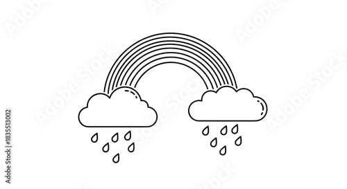 Simple black and white line art of a rainbow with two rain clouds and falling raindrops.