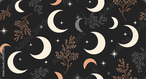 Seamless pattern of moons, stars, and botanical elements on a dark background.