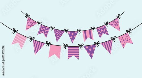 Two rows of pink and purple party pennant banners strung on a line with small bows, perfect for festive decorations or celebratory announcements.
