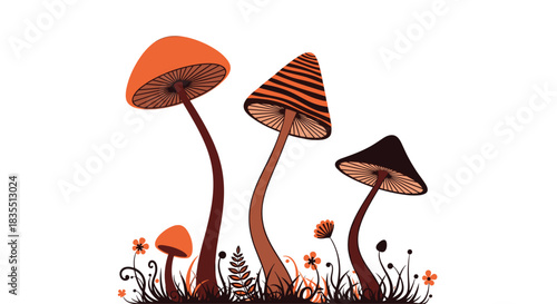 A vibrant illustration of fantastical mushrooms growing in a grassy patch, featuring a colorful and whimsical design.