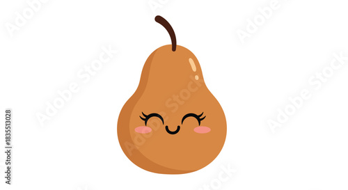 Cute cartoon pear with rosy cheeks and happy expression, isolated on white.