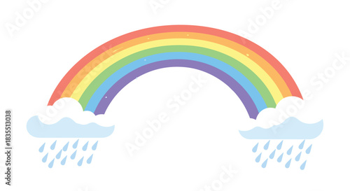 Colorful rainbow illustration with clouds and rain against a white background.