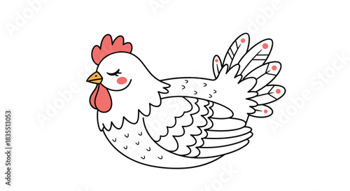 Cute cartoon chicken with closed eyes, pink cheeks, a red comb and wattle, and small feathers with pink tips isolated on a white background.