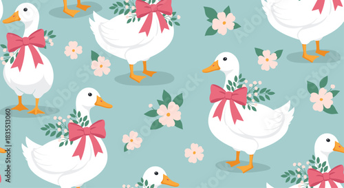 Elegant duck pattern illustration with pink bow and floral accents on a light blue background.