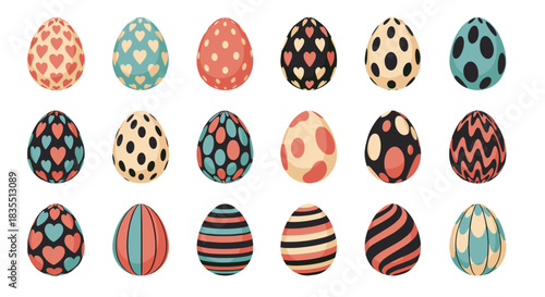 Colorful Easter eggs with heart, dot, and stripe patterns create a cheerful seasonal design appropriate for cards, banners, and invitations.