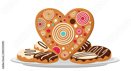 A plate of delicious cookies, including a decorated heart-shaped gingerbread cookie and various glazed treats, perfect for a sweet indulgence or celebration.