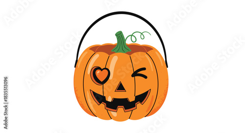 A cute and winking Halloween jack-o-lantern bucket with a heart-shaped eye, ready for trick-or-treating.