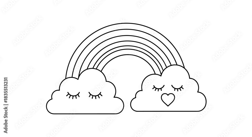 Fototapeta premium A cute cartoon illustration of a rainbow with clouds, suitable for children's designs and happy themes, depicted in a simple outline style, perfect for coloring and playful graphics.