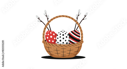 A wicker basket filled with colorful Easter eggs and decorated with willow branches adds a festive touch to the holiday season.