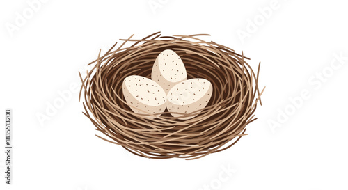 A bird's nest made of twigs holds three speckled eggs, ready to hatch.