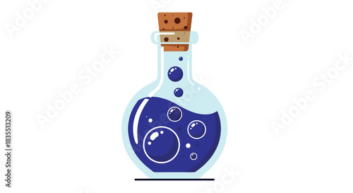 A cartoon illustration of a potion bottle with bubbling blue liquid inside and a cork stopper, isolated on a white background, creating a mystical atmosphere.