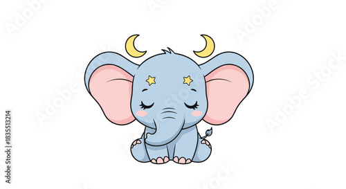 Cute baby elephant with crescent moons and stars, sitting peacefully with closed eyes.