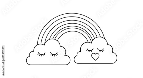A cute cartoon illustration of a rainbow with clouds, suitable for children's designs and happy themes, depicted in a simple outline style, perfect for coloring and playful graphics.