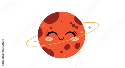 An adorable red planet character with a sweet smiling face, adorned with an orbital ring and sparkling stars, on a white background.