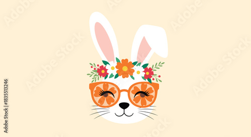 Cute cartoon bunny wearing floral crown and orange slice sunglasses on a light background.