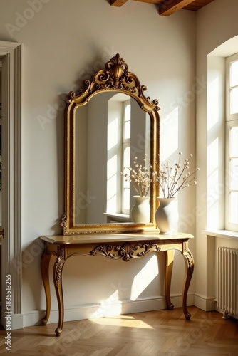 Ornate gold console table with antique mirror reflecting sunlight and decorative flowers in elegant vases