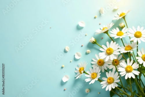 Serene Pastel Background Featuring a Delicate Arrangement of Blooming Daisies and Scattered Petals